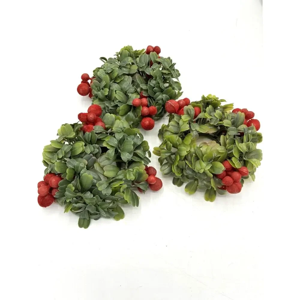 Set of 3 Christmas Candle Rings Boxwood Greenery Red Berry Holiday 4 Inch